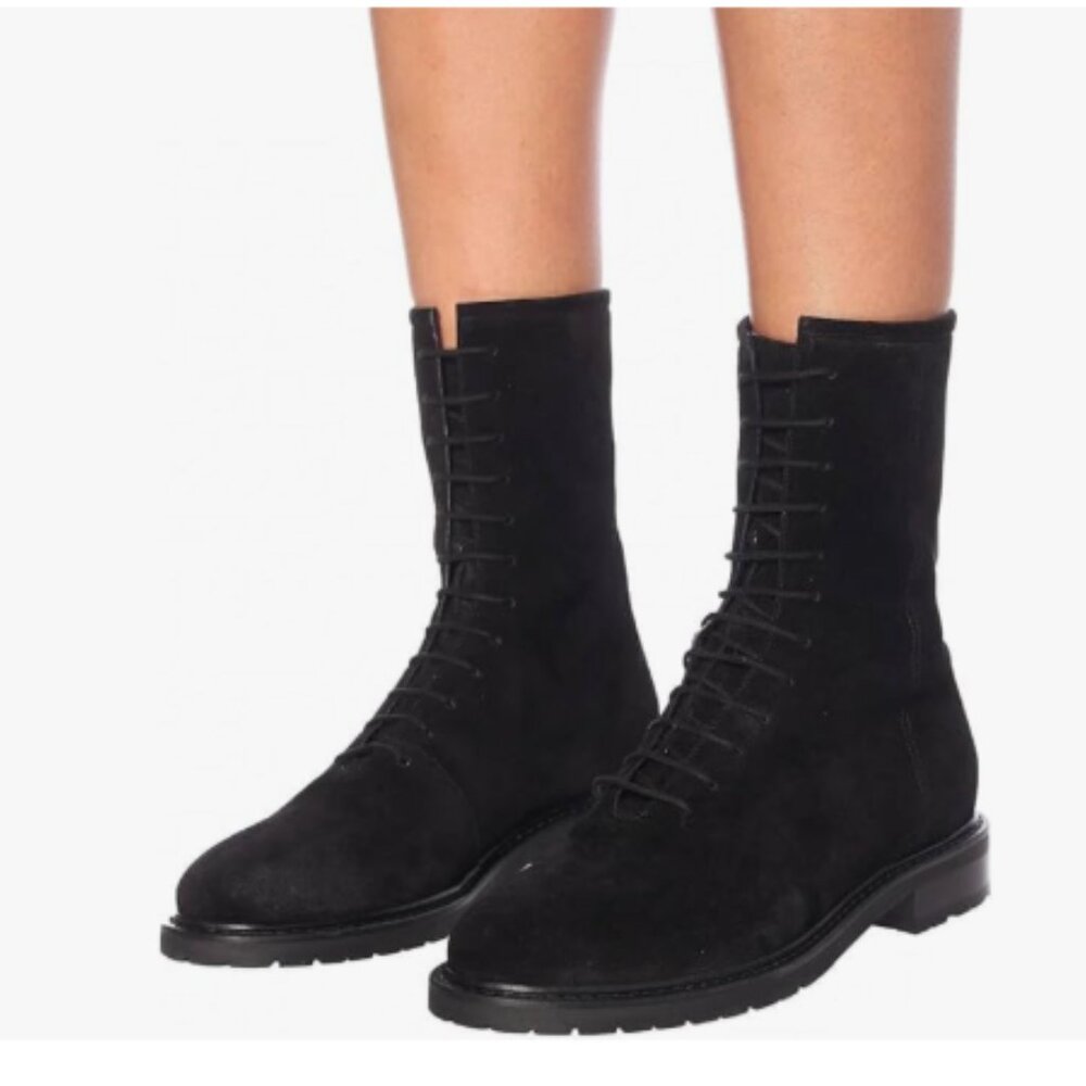 Black Suede Women Girls Lug Sole Stacked Chunky Heel Front Lace Up Combat Boots